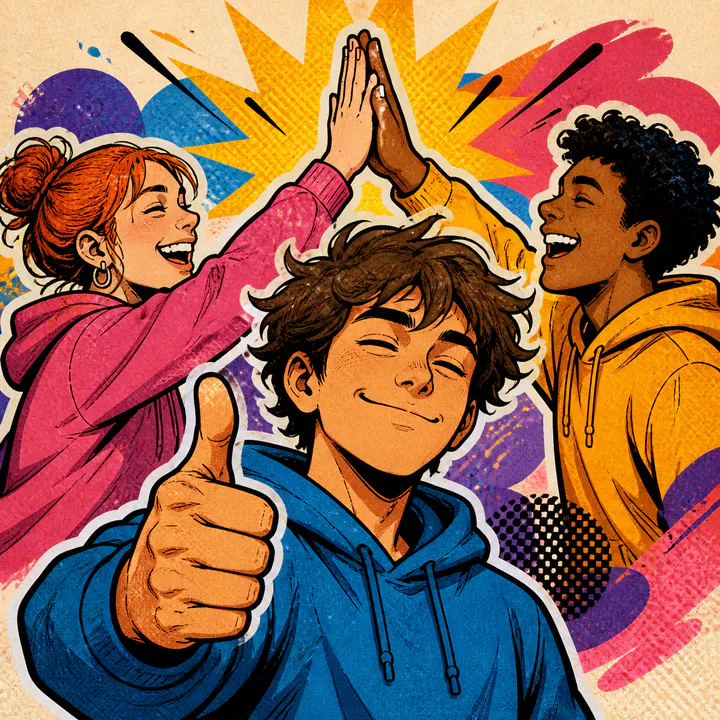 A person gives a thumbs up while friends high-five