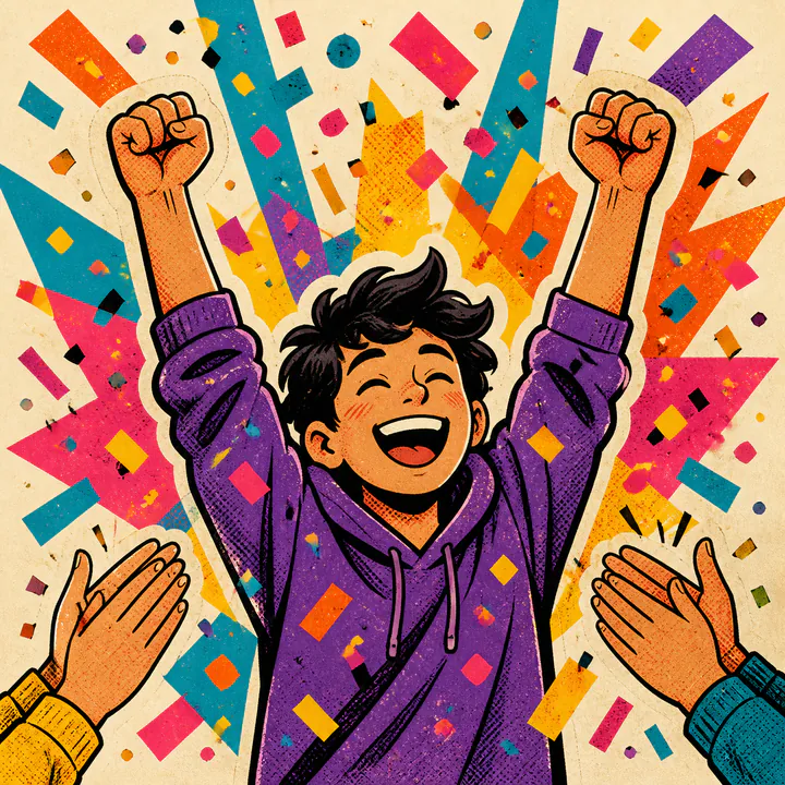 A cheering person celebrates with raised arms, confetti, and applause