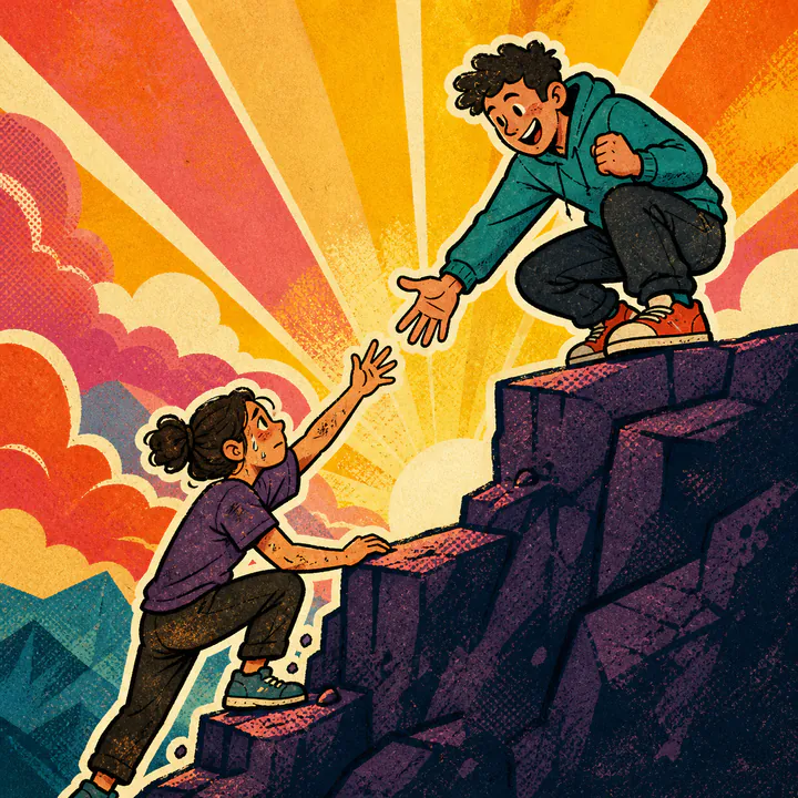 One person reaches down to help another climb the next step
