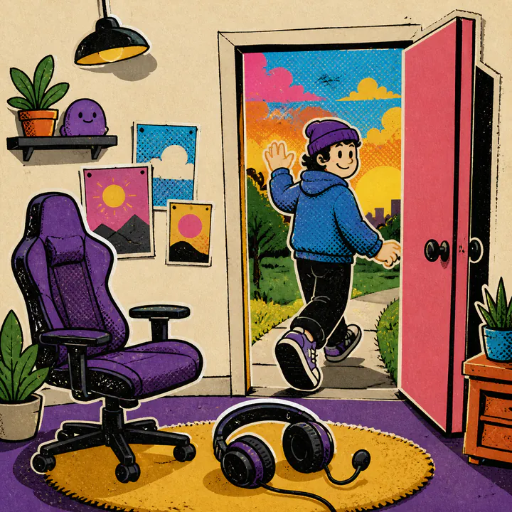 A person leaves a gaming room and waves from the doorway