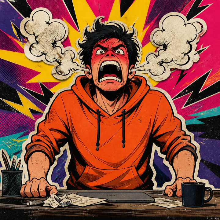 An angry person slams a desk while steam and impact lines erupt