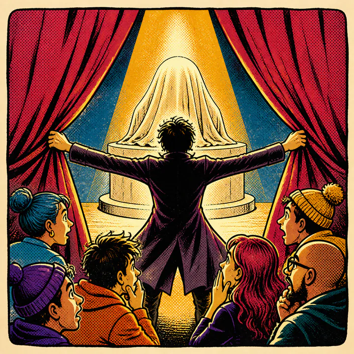 Curtains open on a covered object while an audience reacts