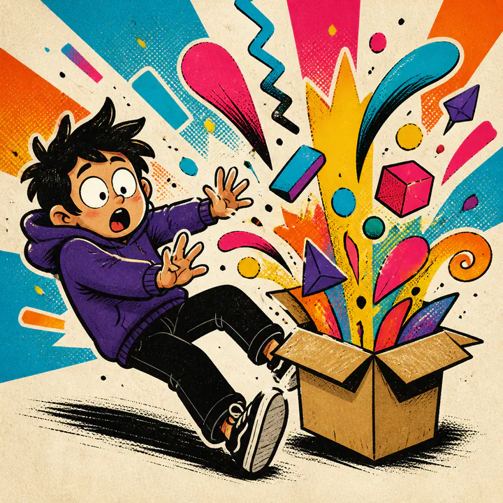 A startled person recoils as a surprise bursts from a box