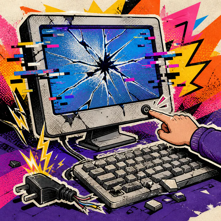 A hand tries a broken computer with a cracked screen and loose cable