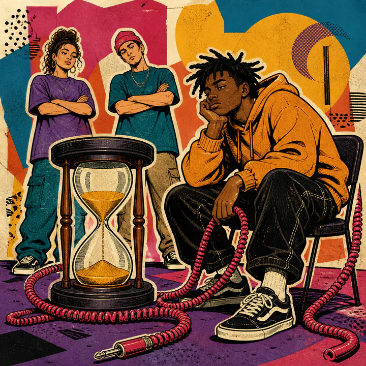 Friends wait beside an hourglass while one person sits bored