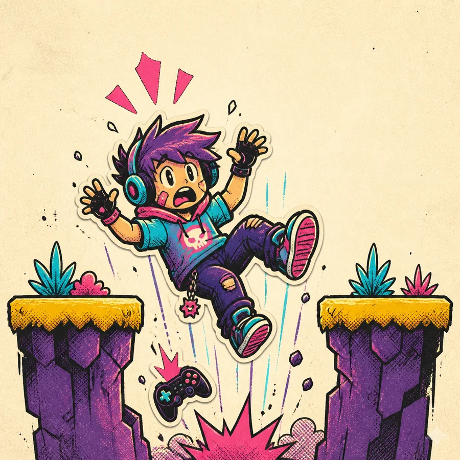 A player character missing a jump between two platforms