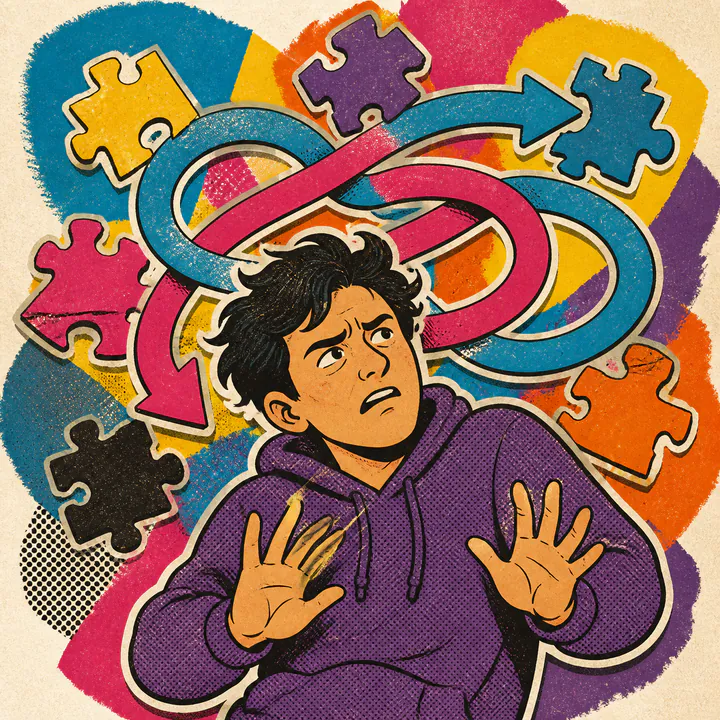 A puzzled person studies tangled arrows and scattered puzzle pieces