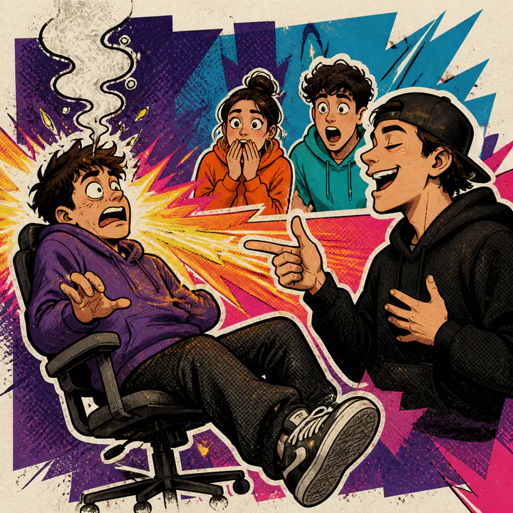 A person recoils from a sharp joke as friends react